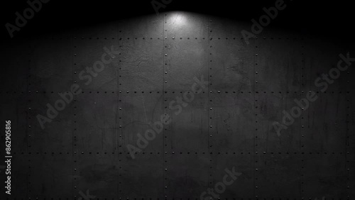 A dark background with gleaming metal studs receives a bright light from the top right corner, creating a striking contrast and highlighting the texture