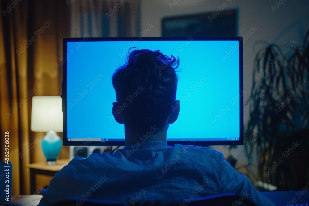 App demo near shoulder of a man in front of a computer with a completely blue screen App demo near shoulder of a man in front of a computer with a completely blue screen