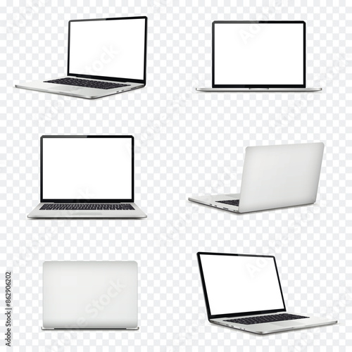 Laptop computer with white screen on transparent background