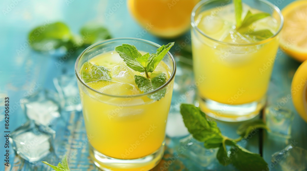 Fototapeta premium Chilled lemonade with mint leaves and ice cubes