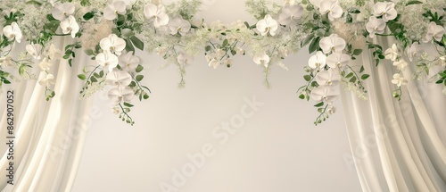 A white curtain with flowers hanging from it. Floral and silk background. Perfect for product design and presentation.
