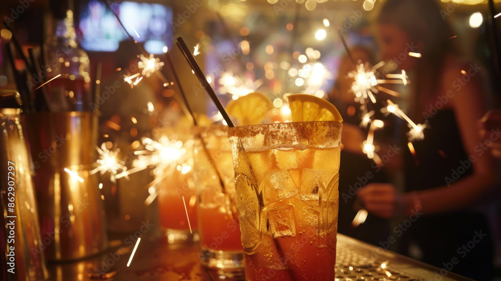 Cocktails with sparklers at a lively night club Cocktails with sparklers at a lively night club