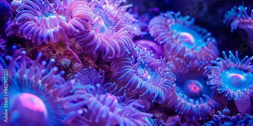 Detailed close-up of vibrant coral polyps in an underwater setting, showcasing their intricate and colorful tentacles and marine beauty.
