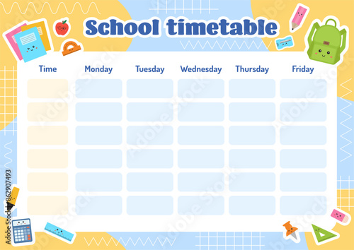 School timetable for kids, educational schedule, weekly planner, printable school schedule for children. School children routine timetable. Education lessons plan, class planning. 