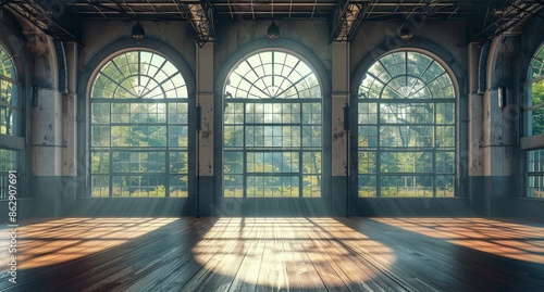 Sunlight Streaming Through Large Arched Windows in Industrial Loft