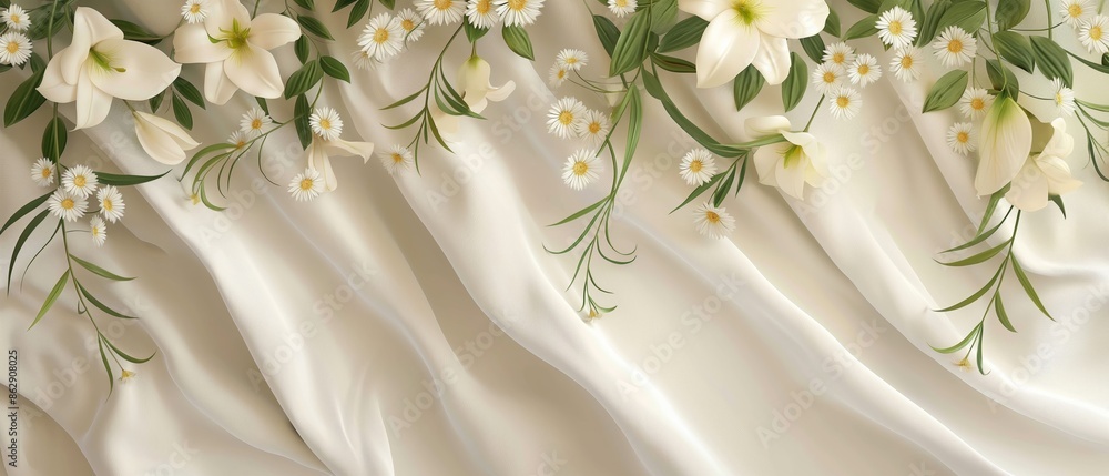 A white background with flowers on it. Floral and silk background. Perfect for product design and presentation. A white background with flowers on it. Floral and silk background. Perfect for product design and presentation.
