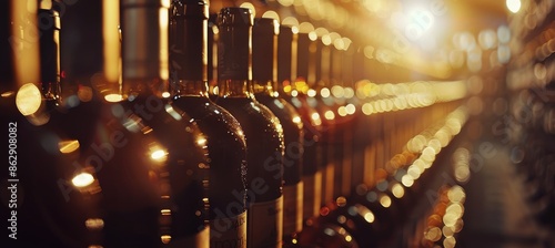 Rows of Wine Bottles in a Warmly Lit Cellar