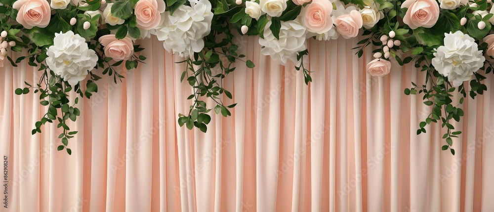 Fototapeta premium A pink curtain with flowers on it. Floral and silk background. Perfect for product design and presentation.