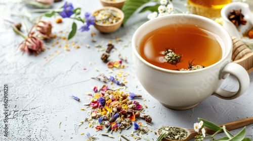 Cup of herbal tea with dried flowers and leaves