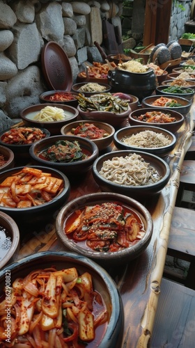 Asian cuisine. South Korean food on the street. a variety of Asian cuisine