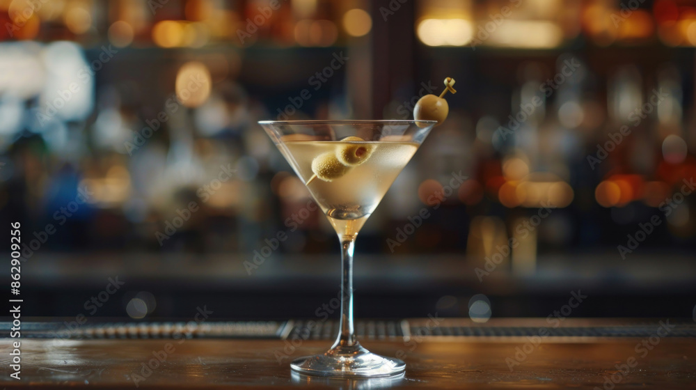 Elegant martini with an olive garnish on a bar counter Elegant martini with an olive garnish on a bar counter