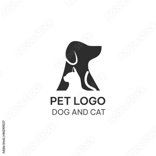 Pet logo template in silhouette style. Dog and cat in negative space vector illustration