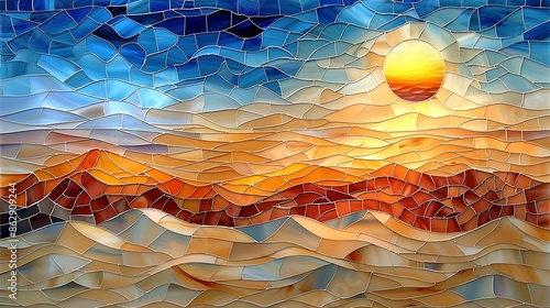 A stained glass mosaic featuring desert dunes, gentle wavy patterns, bright yellows and oranges, sunlight highlighting the sand, intricate artistry, capturing the essence of a desert landscape, hd qua photo