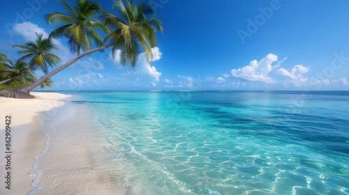 Pristine tropical beach with clear turquoise waters, white sandy shore, and palm trees under a bright blue sky. Perfect vacation paradise. © Narongsak