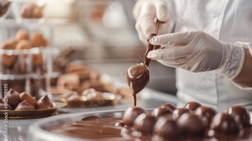 Artisan chocolatier working on a chocolate fountain, crafting process, detailed and clear, high resolution