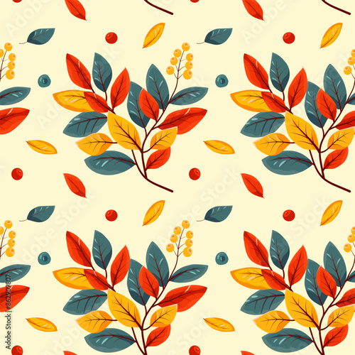 Hello autumn, autumn season, leaves, twigs, berries, pattern, vector
