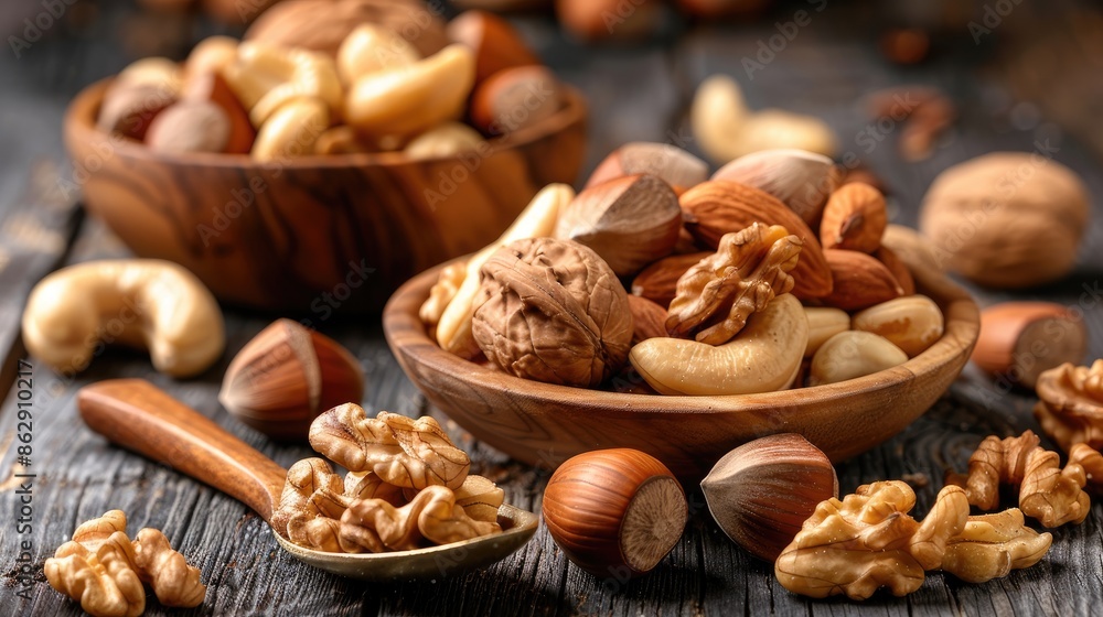 Various nuts displayed on a wooden table Cedar cashew hazelnut and walnuts with a spoon Numerous nuts in shells and shelled on a wooden surface Various nuts displayed on a wooden table Cedar cashew hazelnut and walnuts with a spoon Numerous nuts in shells and shelled on a wooden surface