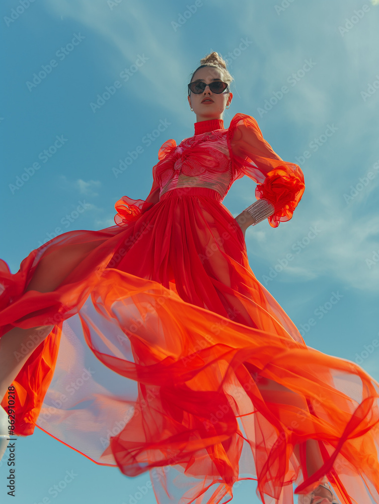 A woman in a flowing, sheer red dress stands confidently against a blue sky, wearing sunglasses and an updo hairstyle.
A woman in a flowing, sheer red dress stands confidently against a blue sky, wearing sunglasses and an updo hairstyle.