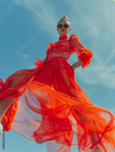 A woman in a flowing, sheer red dress stands confidently against a blue sky, wearing sunglasses and an updo hairstyle. 