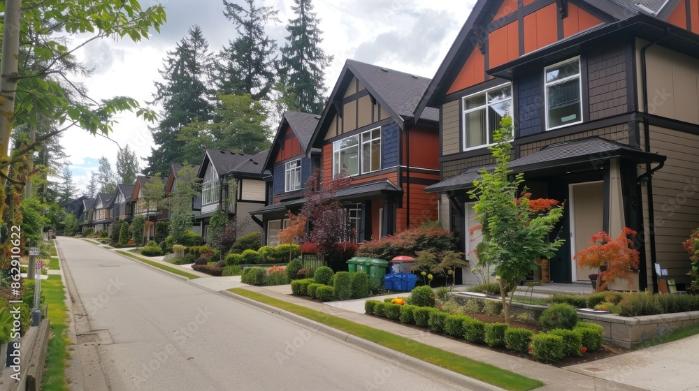 A row of a new houses in Surrey British Columbia, Canada. Front yards of the houses and street with trees and bushes. stock photo A row of a new houses in Surrey British Columbia, Canada. Front yards of the houses and street with trees and bushes. stock photo