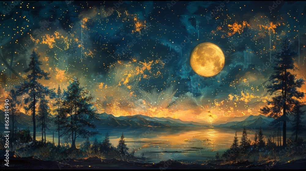illustration of a mystical night dark sky with stars and moon over the forest illustration of a mystical night dark sky with stars and moon over the forest