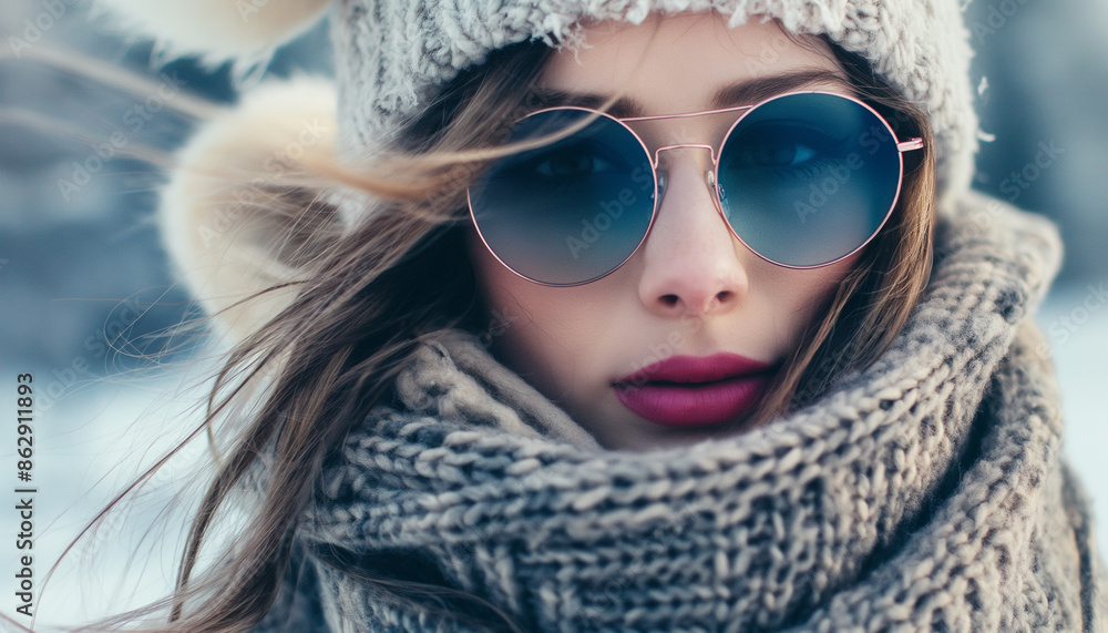 A woman in a knit hat, large scarf, and round sunglasses stands outdoors in a snowy setting.
A woman in a knit hat, large scarf, and round sunglasses stands outdoors in a snowy setting.