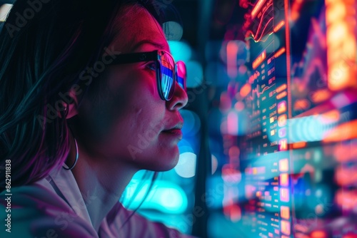 Wallpaper Mural App demo near shoulder of a middle-aged woman in front of a computer with an entirely neon screen Torontodigital.ca