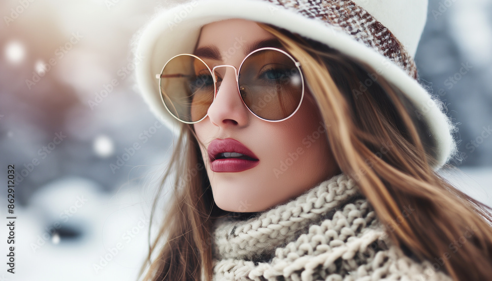 A fashionable woman with round sunglasses, a white hat, and a thick knit scarf stands outside in a snowy environment.
A fashionable woman with round sunglasses, a white hat, and a thick knit scarf stands outside in a snowy environment.