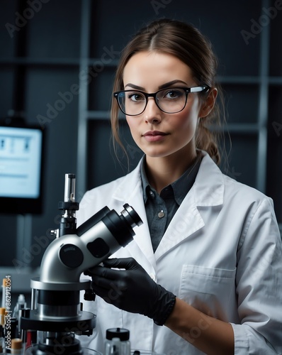 pretty scientist woman on plain background for banner with copy space