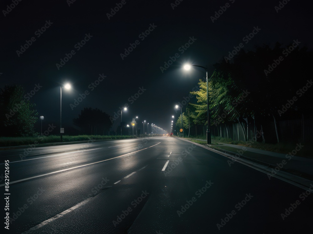Empty wet asphalt road at night illuminated by street lights. Concept of loneliness, travel, journey, and darkness