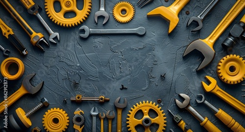 Assortment of Yellow Tools on Black Background