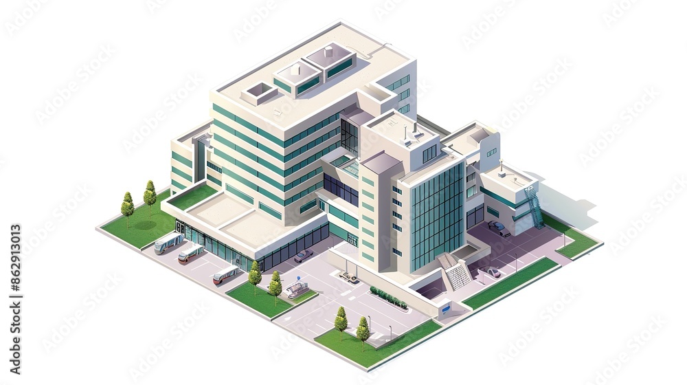 Elegant modern hospital building in isometric style isolated on white background Elegant modern hospital building in isometric style isolated on white background