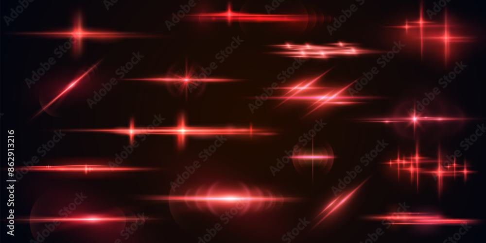 Light red effect reflections, neon illumination in red colors. Bright light lens. Police light effects, lines. Shiny stars, glowing sparks on a black background. Vector red light effect
