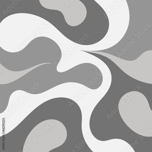 Abstract organic pattern in shades of gray with swirling shapes. Monochromatic and dynamic design ideal for backgrounds, textiles, and modern decor