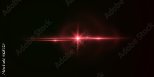 Light red effect reflections, neon illumination in red colors. Bright light lens. Police light effects, lines. Shiny stars, glowing sparks on a black background. Vector red light effect