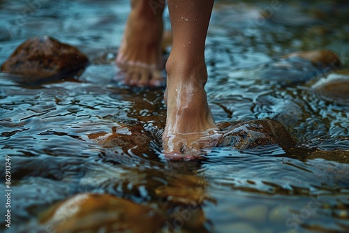  a person's feet in the water near rocks . 