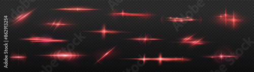 Light red effect reflections, neon illumination in red colors. Bright light lens. Police light effects, lines. Shiny stars, glowing sparks on a black background. Vector red light effect