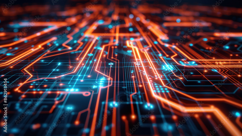High-tech circuit board design with glowing lines and nodes High-tech circuit board design with glowing lines and nodes