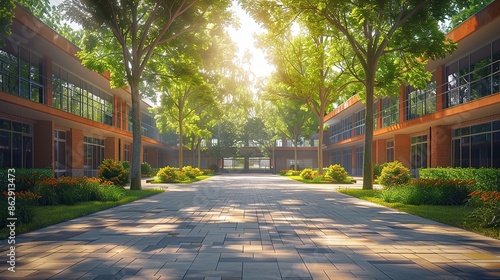Serene School Courtyard with Trees