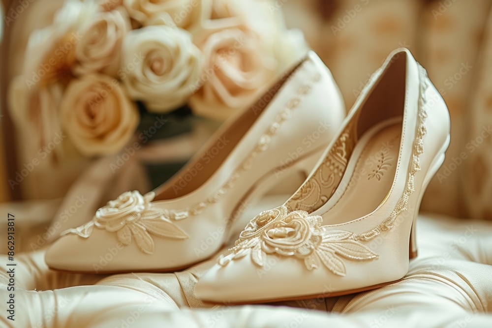 Wedding bridal shoes in the interiors close-up in beige tones. The collection of the bride Wedding bridal shoes in the interiors close-up in beige tones. The collection of the bride