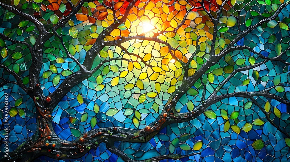 custom made wallpaper toronto digitalA stained glass mosaic of a forest canopy, intricate tree branches, vibrant green leaves, light filtering through, ethereal ambiance, natural setting, detailed patterns, vivid colors, hd quality, natu