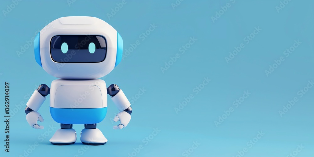 White and blue robot standing on a blue background with copy space White and blue robot standing on a blue background with copy space