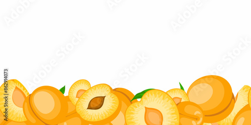 border of apricots, a lot of ripe juicy apricots lies at the bottom in a horizontal strip. A banner with sweet whole orange fruits and pieces, in a cartoon style.