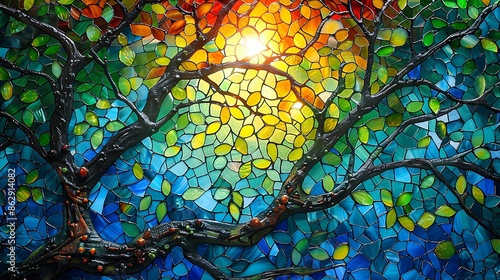 Wallpaper Mural A stained glass mosaic of a forest canopy, intricate tree branches, vibrant green leaves, light filtering through, ethereal ambiance, natural setting, detailed patterns, vivid colors, hd quality, natu Torontodigital.ca