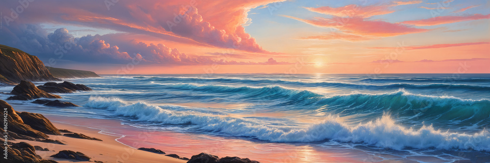 Fototapeta premium Serene beach scene at sunset, with the ocean's waves gently lapping against the shore and the sky painted in hues of pink and orange.