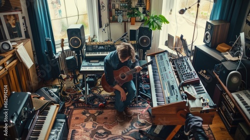A musician is playing the guitar in a studio filled with instruments and recording equipment, focused on creating music AIG58 photo