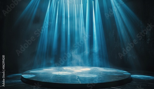 Blue Spotlight on Empty Circular Platform in Dark Room