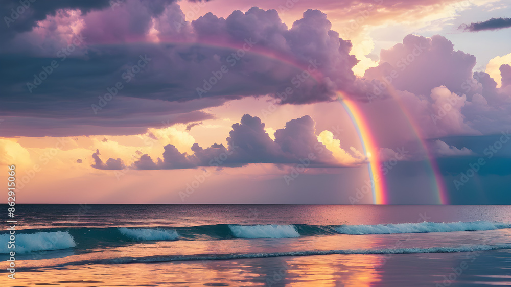 Rainbow colorful sunset on blue pink sky yellow clouds skyline, water sea reflection beautiful landscape summer nature. Rainbow at sunset on sky yellow clouds skyline, sea reflection Rainbow colorful sunset on blue pink sky yellow clouds skyline, water sea reflection beautiful landscape summer nature. Rainbow at sunset on sky yellow clouds skyline, sea reflection