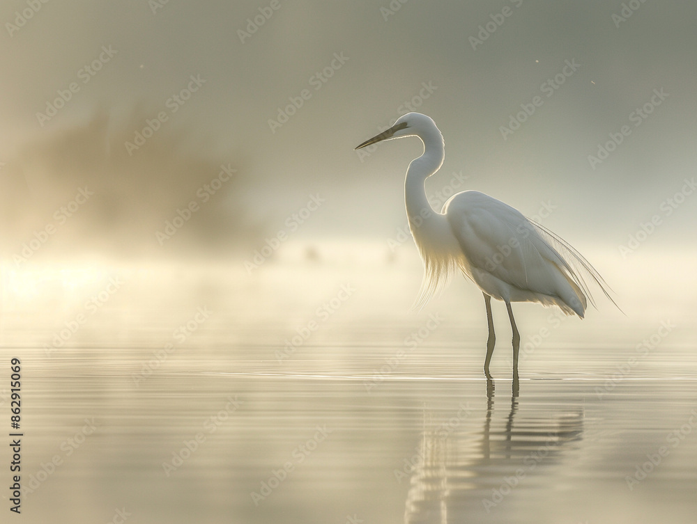 Naklejka premium A solitary white egret stands gracefully in a misty, serene waterscape. 