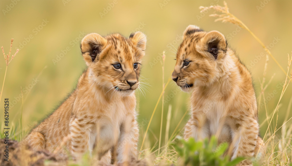 Two lion cubs sitting in the grass, curiously observing each other.
Two lion cubs sitting in the grass, curiously observing each other.